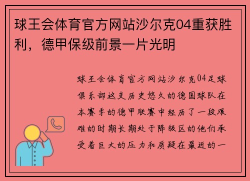 球王会体育官方网站沙尔克04重获胜利，德甲保级前景一片光明